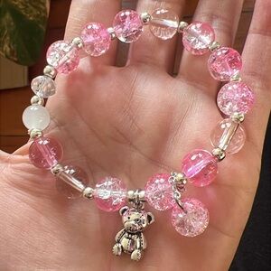 Pink with bear beaded charm bracelet